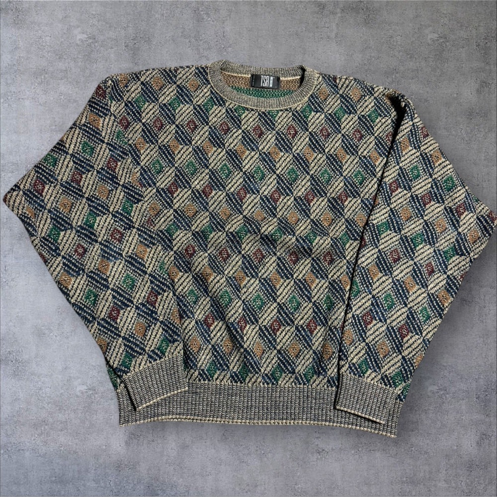 Vintage TSR Men's Large Knit Sweater Geometric Overall Pattern Cosby Grandpa Y2K